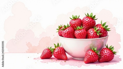A bowl of ripe, red strawberries sits on a soft pink surface, alongside two additional strawberries, creating a visually appealing still life.