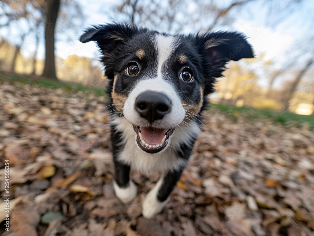 Cute puppy with black and white fur looking at camera in a park with fallen leaves Cute puppy with black and white fur looking at camera in a park with fallen leaves