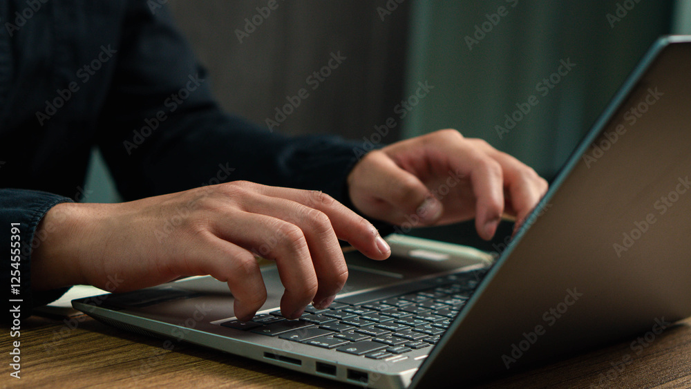 Closeup of businessman hand typing on laptop computer at office. Business man working on computer device Closeup of businessman hand typing on laptop computer at office. Business man working on computer device