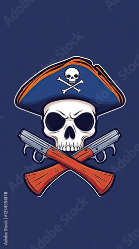 Pirate-themed graphic featuring a skull in a blue hat with crossed rifles and pistols photo