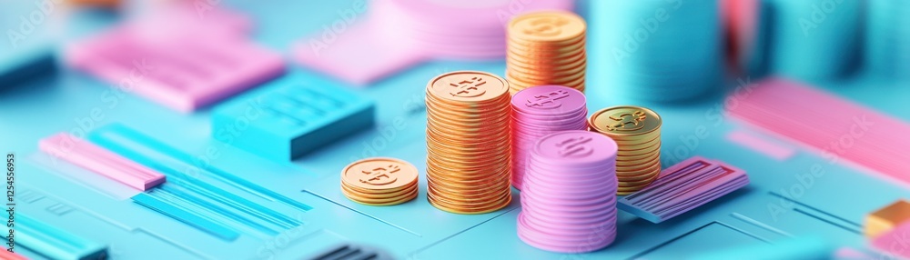 Colorful stacks of coins and blocks on a vibrant background, representing finance, investment, or savings in a playful, modern style. Colorful stacks of coins and blocks on a vibrant background, representing finance, investment, or savings in a playful, modern style.