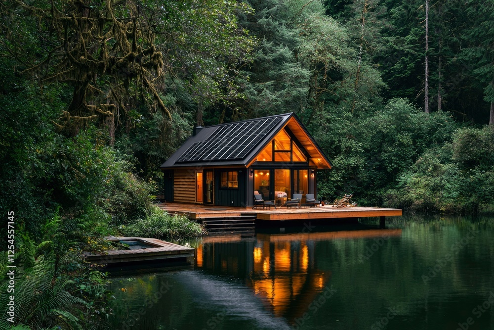 Fototapeta premium Cabin on lake with light glowing. Peaceful scene for vacation rentals