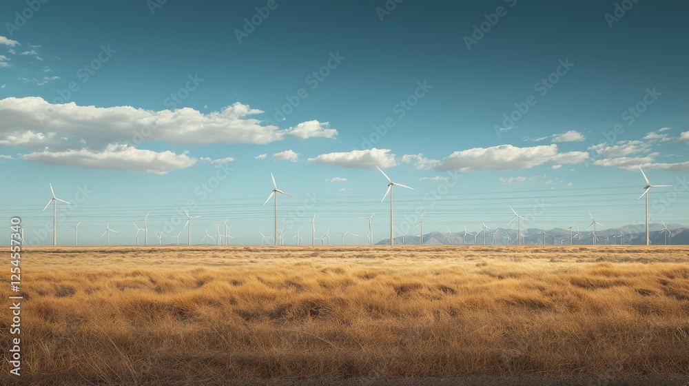 Expansive Wind Farm in Desert Landscape with Clear Blue Sky and Gentle Clouds