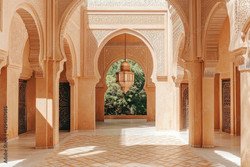 Fototapeta premium Sunlit courtyard showcases intricate arches and lush greenery, c