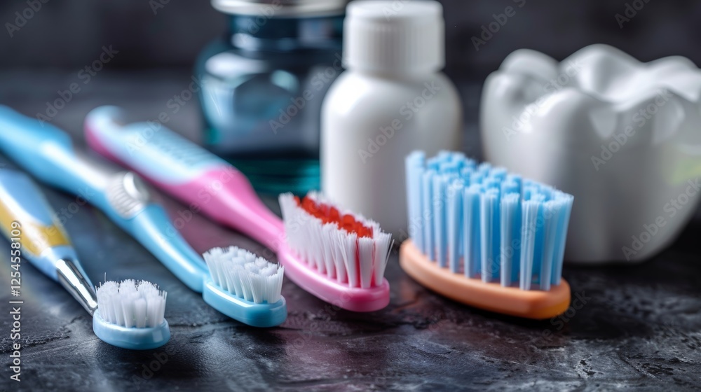 Close-up of colorful toothbrushes, toothpaste, and dental care tools placed on dark surface conveys teamwork and collaboration of dental hygiene equipment for maintaining healthy teeth and smiles... Close-up of colorful toothbrushes, toothpaste, and dental care tools placed on dark surface conveys teamwork and collaboration of dental hygiene equipment for maintaining healthy teeth and smiles...