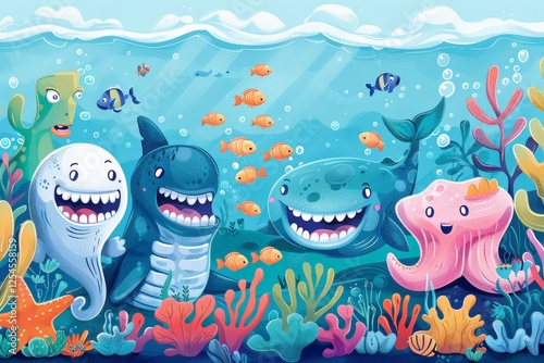 Vibrant underwater scene featuring smiling aquatic creatures and fish in colorful coral reef, promoting dental care practices in fun, imaginative, inclusive marine setting with lively characters. photo