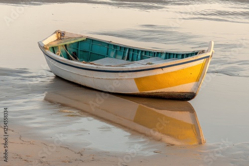 Vintage boat rests on calm waters, reflecting warm hues of sunse photo