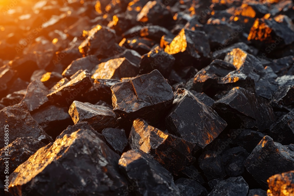 Pile of raw black coal with golden sunlight for energy or industrial use Pile of raw black coal with golden sunlight for energy or industrial use