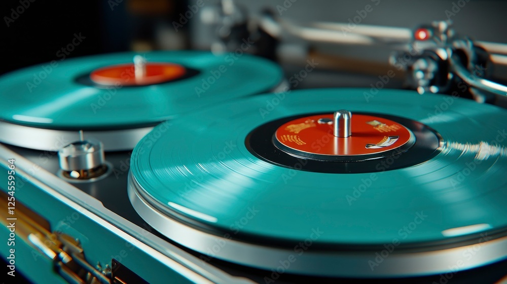 Teal Vinyl Records Spinning on Retro Dual Turntable Teal Vinyl Records Spinning on Retro Dual Turntable