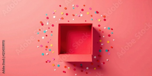 An Open Red Box Surrounded by Colorful Confetti on a Pink Background, Ready for Festive Celebration and Gift Giving