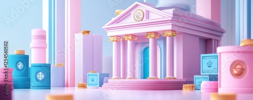 A colorful, playful architectural scene featuring a stylized building among vibrant geometric shapes and containers.