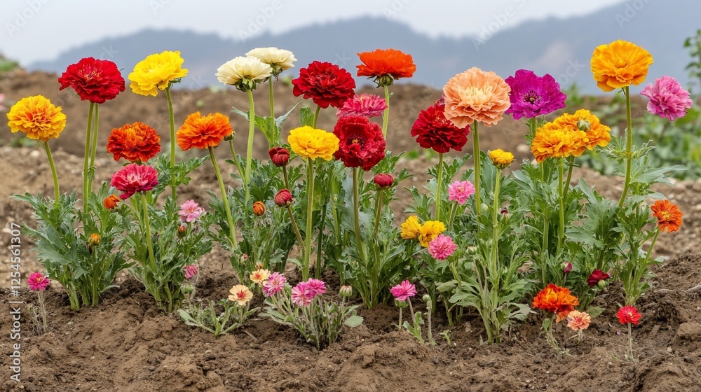 Colorful Ranunculus field, blooming flowers, hillside background, gardening Colorful Ranunculus field, blooming flowers, hillside background, gardening
