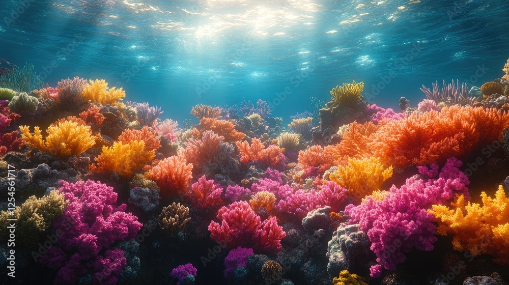 Fototapeta premium Vibrant coral reef teeming with life, sunlight filtering through water, showcasing underwater beauty