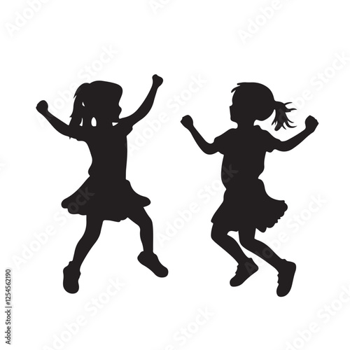 Silhouette of Two Girls Joyfully Playing - Vector Illustration