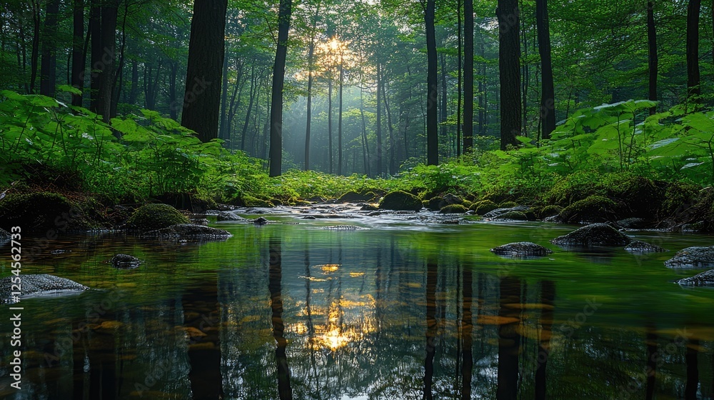 Serene forest landscape with a calm stream reflecting sunlight through lush greenery Serene forest landscape with a calm stream reflecting sunlight through lush greenery