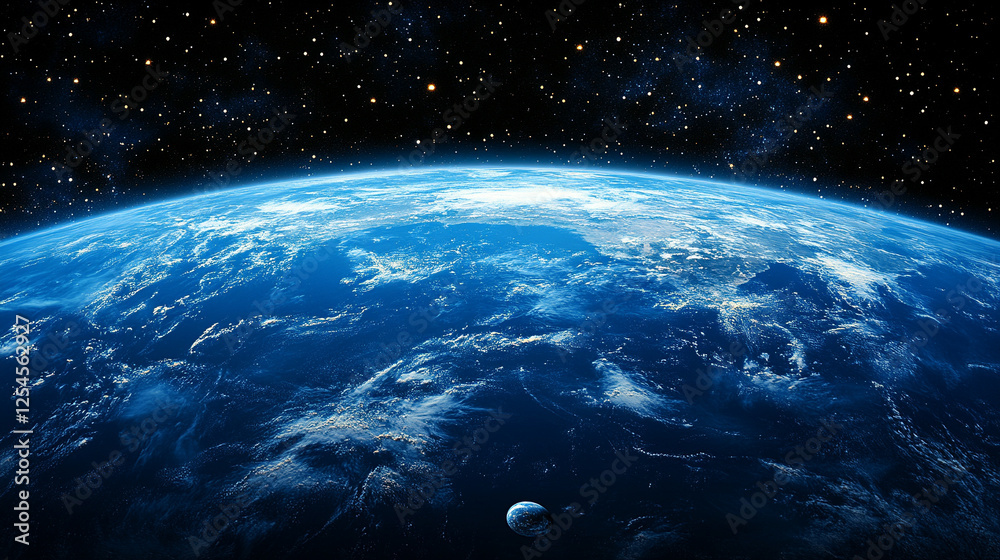 Fototapeta premium A digital display hologram HUD screen showcasing the Earth from space with an advanced technology interface, bright tones, and a blurred background, offering space for captions or text