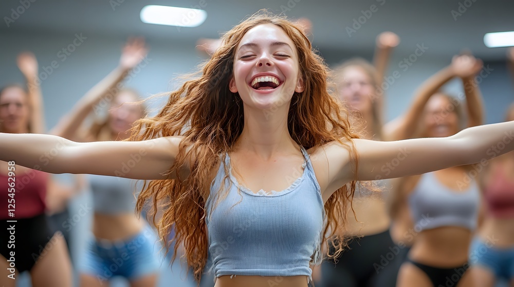 Fototapeta premium A young, red-haired woman laughs joyfully in a dance class, surrounded by other energetic dancers. The atmosphere is filled with happiness and movement. Lively scene of dance class in a studio