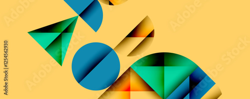 Abstract geometric background with layered gradient shapes forming dynamic patterns. Overlapping semi circles and triangles create depth and contrast