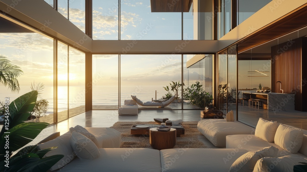 Fototapeta premium Modern Coastal Living Room with Breathtaking Ocean View at Sunset
