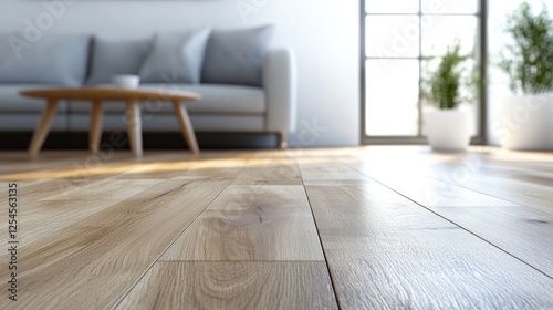 Sunny living room hardwood floor, couch background