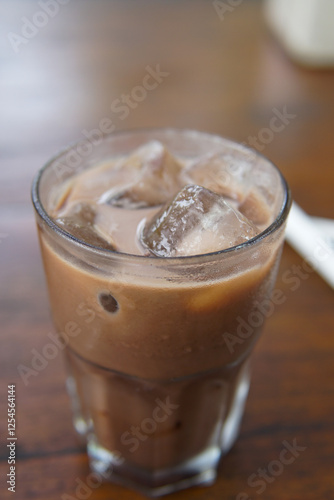 Glass of ice chocolate drink photography