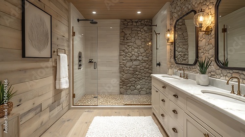 Stylish yet simple bathroom with a walk in shower rustic wooden flooring and brass framed mirrors