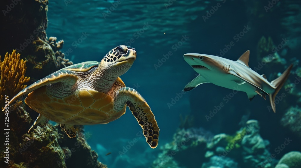 Fototapeta premium A sea turtle and a shark swimming near a coral reef