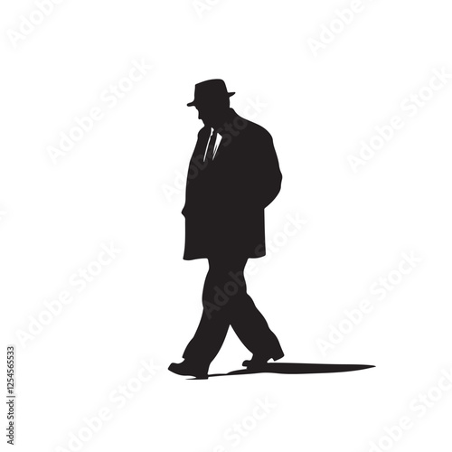 Black Silhouette of a Man in a Suit and Hat Walking - Vector Illustration