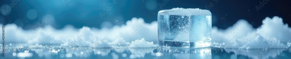 Clear ice cube melting into cloudy liquid in a frosty glass, cold refreshment, ice cube Clear ice cube melting into cloudy liquid in a frosty glass, cold refreshment, ice cube