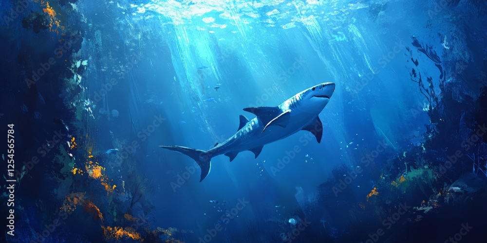 Fototapeta premium A shark swimming through the deep blue ocean