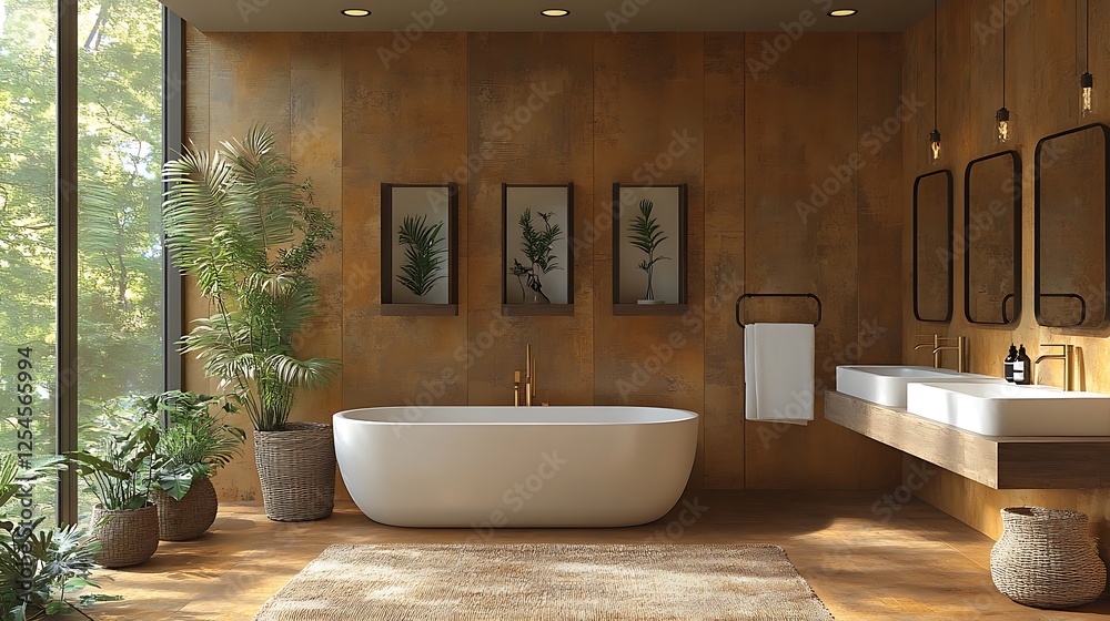 Fototapeta premium Bright rustic bathroom with natural light filtering in highlighting brass framed mirrors and mocha mousse walls