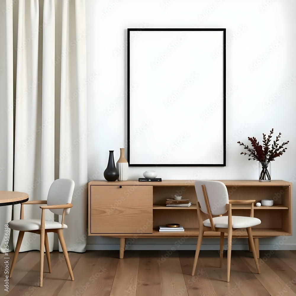 Fototapeta premium This is a modern interior scene featuring a smooth-surfaced wooden sideboard adorned with minimalist decor items, including a small vase and a few abstract objects. 