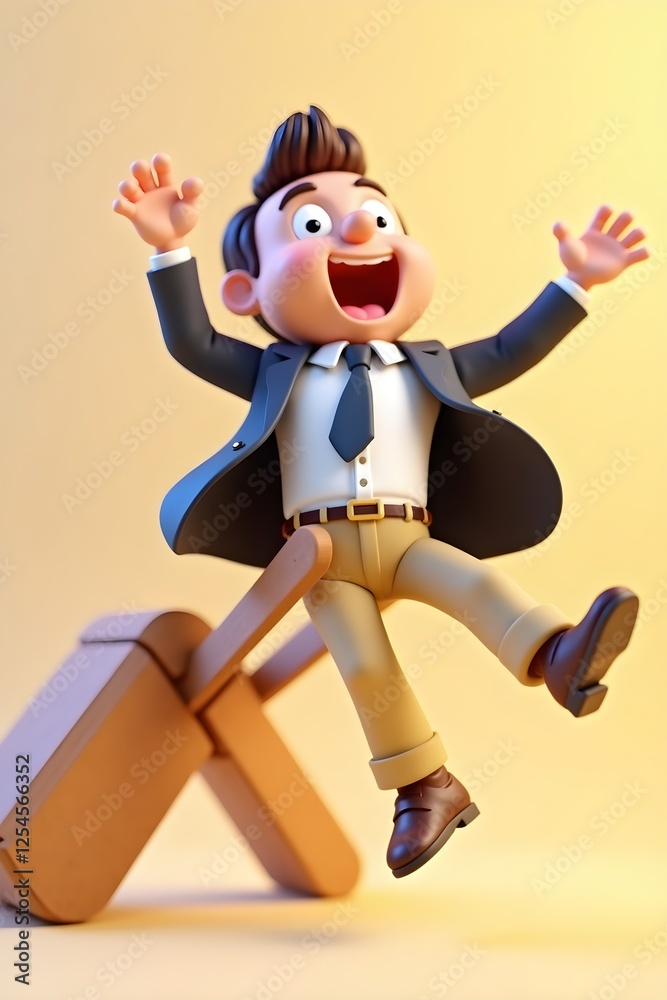 Joyful Businessman Launched by Medieval Catapult – 3D Clay-Style Render
