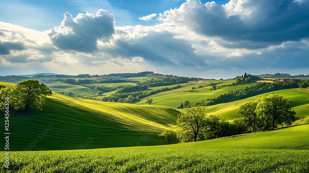 Fototapeta premium Tuscan Rolling Hills: A Serene Landscape Under a Dramatic Sky