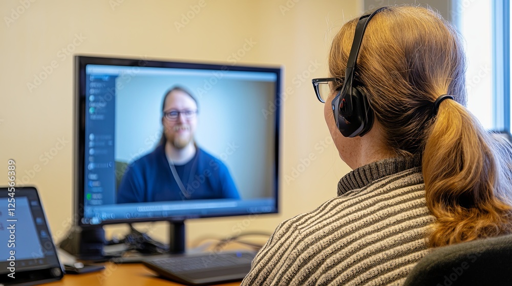 A deaf employee participating in a hybrid meeting with a live interpreter on a screen digital A deaf employee participating in a hybrid meeting with a live interpreter on a screen digital