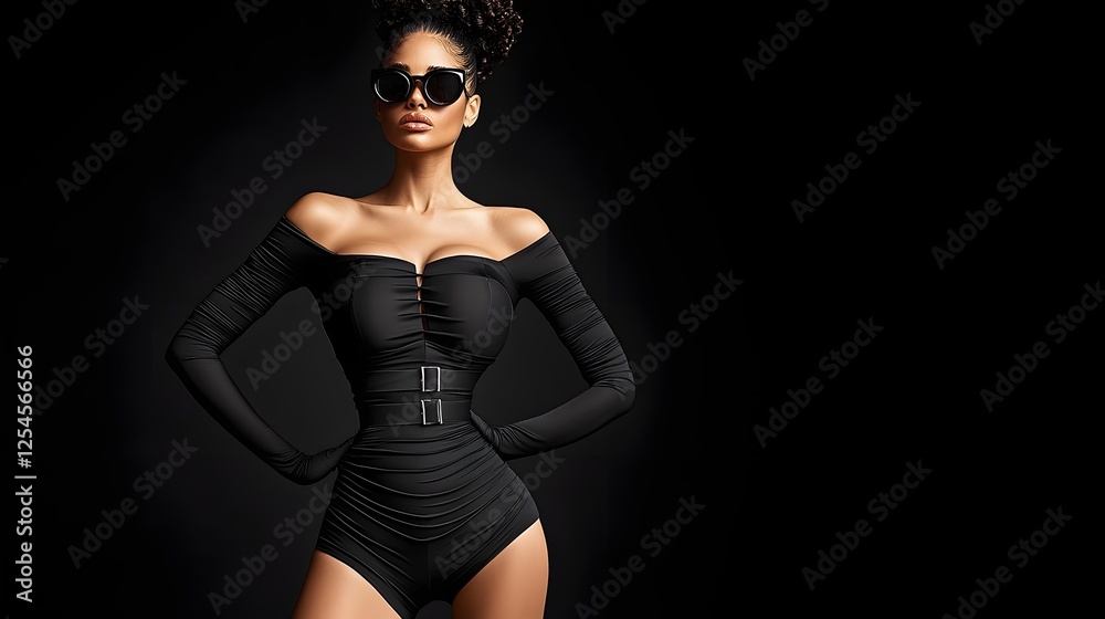 Captivating female model in a skin tight black bodycon dress exuding a powerful mafia inspired chic aesthetic Captivating female model in a skin tight black bodycon dress exuding a powerful mafia inspired chic aesthetic
