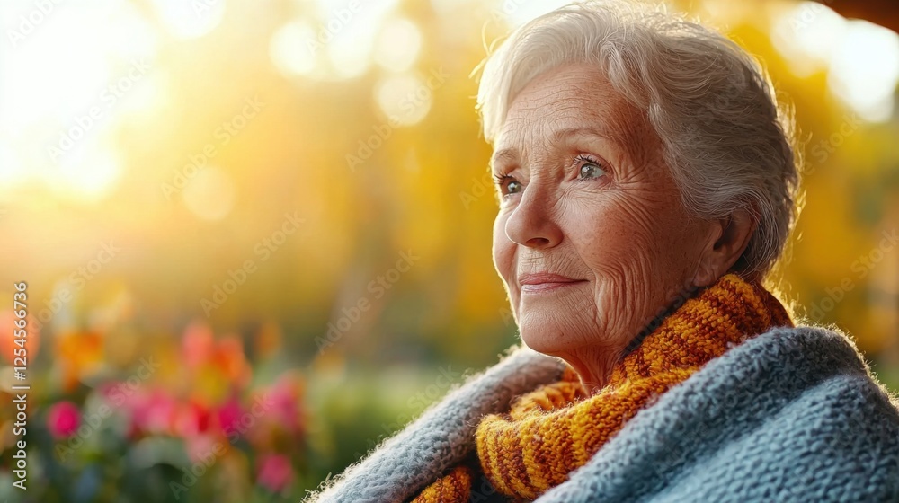 Warm Hearted Elderly Woman Wrapped in Cozy Blanket Enjoying the Peaceful Outdoor Garden Setting Closeup Portrait of a Happy and Caring Senior Female with a Cheerful Expression Warm Hearted Elderly Woman Wrapped in Cozy Blanket Enjoying the Peaceful Outdoor Garden Setting Closeup Portrait of a Happy and Caring Senior Female with a Cheerful Expression