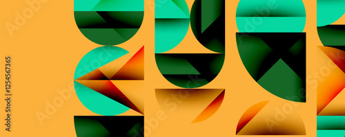 Abstract geometric pattern with intersecting circles and triangles in gradients. The high-contrast composition creates depth and a dynamic, modern aesthetic