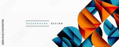 Abstract geometric background with layered gradient shapes forming dynamic patterns. Overlapping semi circles and triangles create depth and contrast