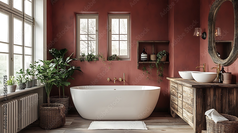 Relaxing atmosphere in a bathroom with mocha mousse colored walls rustic wooden accents and brass framed mirrors