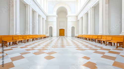 White hall interior with orange benches,  empty hall, symmetrical design, architectural photography photo