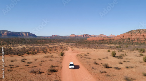 White vehicle on dirt road through red rock desert. Aerial view. Possible use for travel or nature photography photo