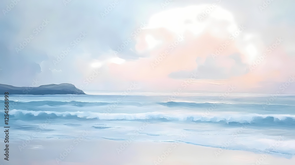 Fototapeta premium Serene Coastal Artwork Featuring Gentle Waves and a Distant Island Under a Pastel Sky