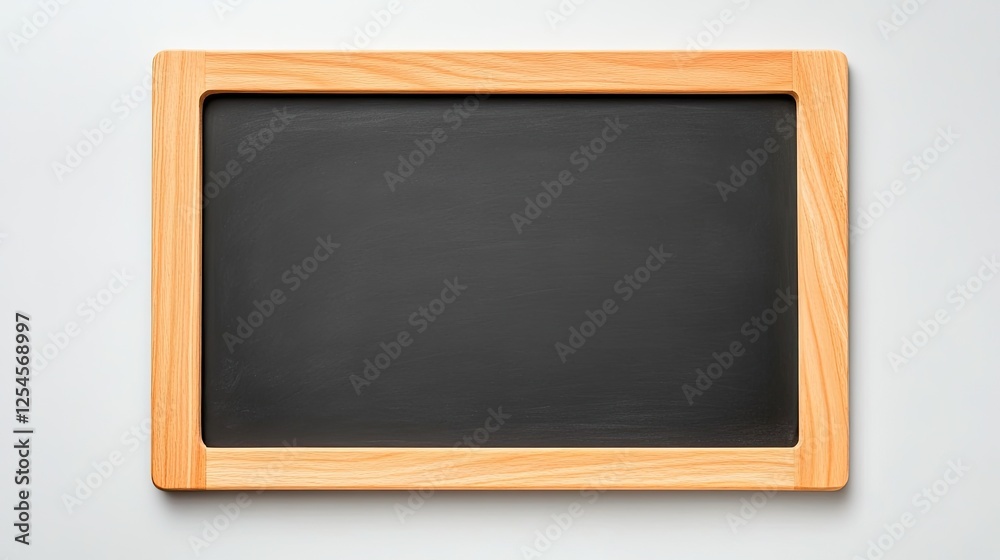 Empty chalkboard with a wooden frame, ready for writing, against a clean white background Empty chalkboard with a wooden frame, ready for writing, against a clean white background