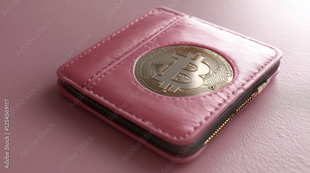 A pink wallet featuring a gold Bitcoin emblem, resting on a smooth surface. A pink wallet featuring a gold Bitcoin emblem, resting on a smooth surface.