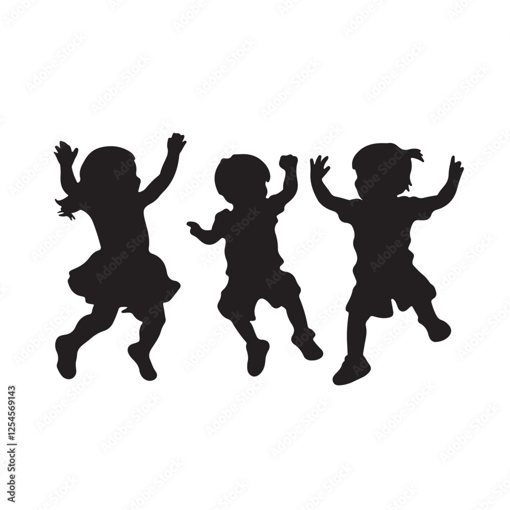 Fototapeta premium Silhouette of Three Children Jumping Joyfully - Vector Illustration