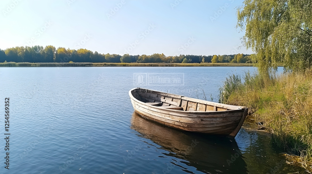 Wooden boat on calm lake, autumn trees, tranquil scene, peaceful nature Wooden boat on calm lake, autumn trees, tranquil scene, peaceful nature