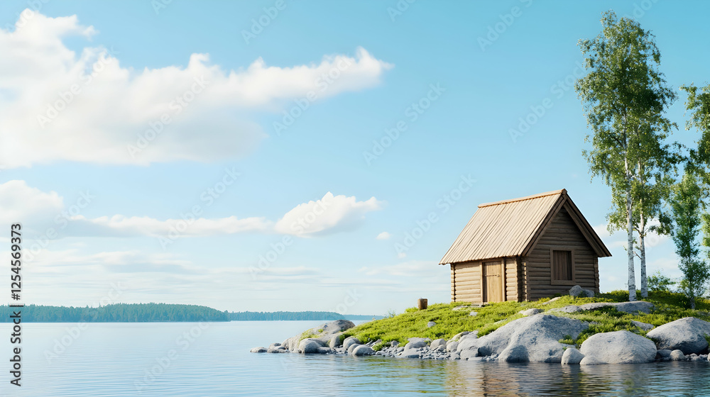 Wooden cabin on island lake shore sunny day. Stock Photo Wooden cabin on island lake shore sunny day. Stock Photo