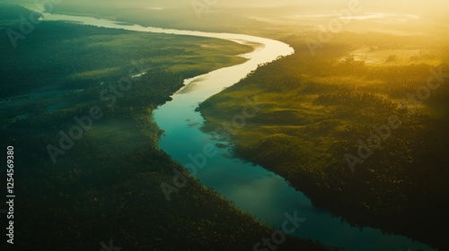 High Altitude View Of River Winding Through Lush Green Forest LandscapeIn Nature PhotographyKeywordsList.KeywordsOfImage.keywords.aerial view,river,forest,landscape,high photo