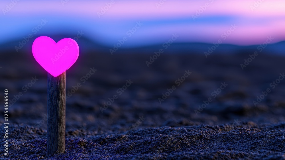 Fototapeta premium A glowing pink heart symbol on the beach at sunset, representing love and tranquility in nature.